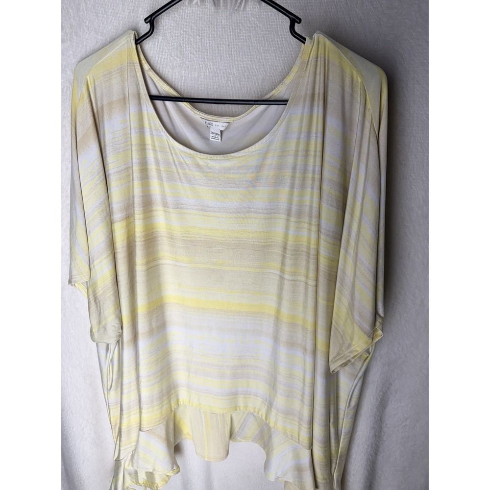 CATO Top Womens 26/28W Yellow Beige Watercolor Stripe Hi Low Ruffle Batwing